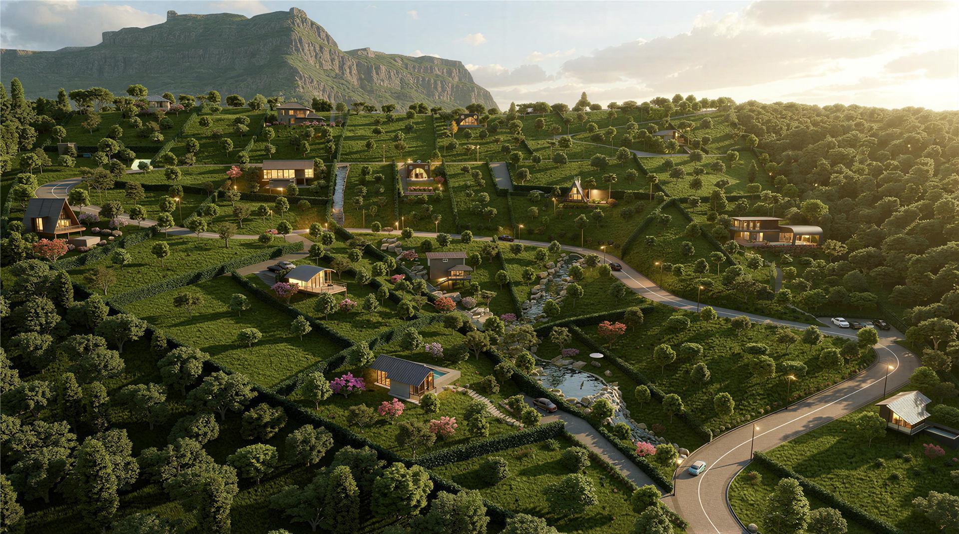 Aerial view of Aravali Greens valley view farmhouse plots at Velhe, Pune